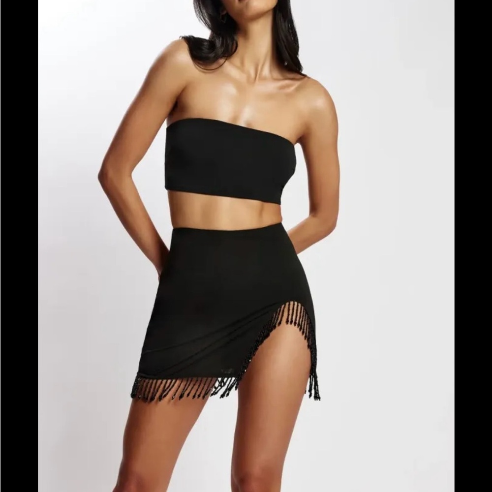 Meshki stephanie fringe black mini skirt beaded